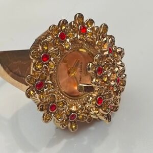 Jennifer Lopez Watch Ring Gold Tone Red Rhinestone Crystal Floral Flip Cover
